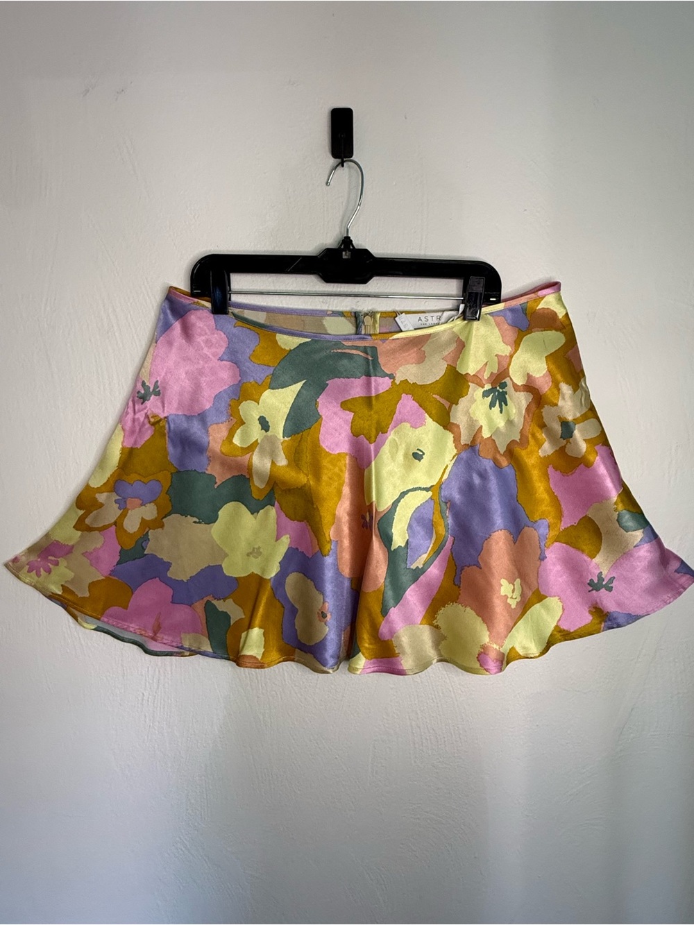 Astr Floral Satin Mini Skirt in Pink, Yellow, Lavender, Green, Gold